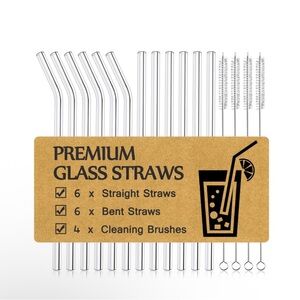 16 Piece Premium Glass Straws Set with Cleaning Brushes